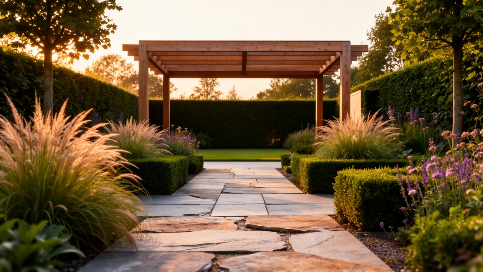 Moderne Friese tuin met natuursteen terras en pergola